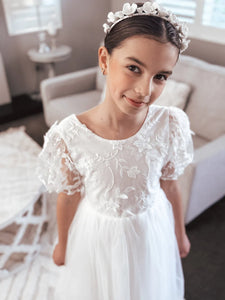 Laura Puff Sleeve White Flower Girl Dress