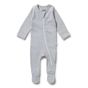 Organic Stripe Rib Zipsuit with Feet - Rain Drop